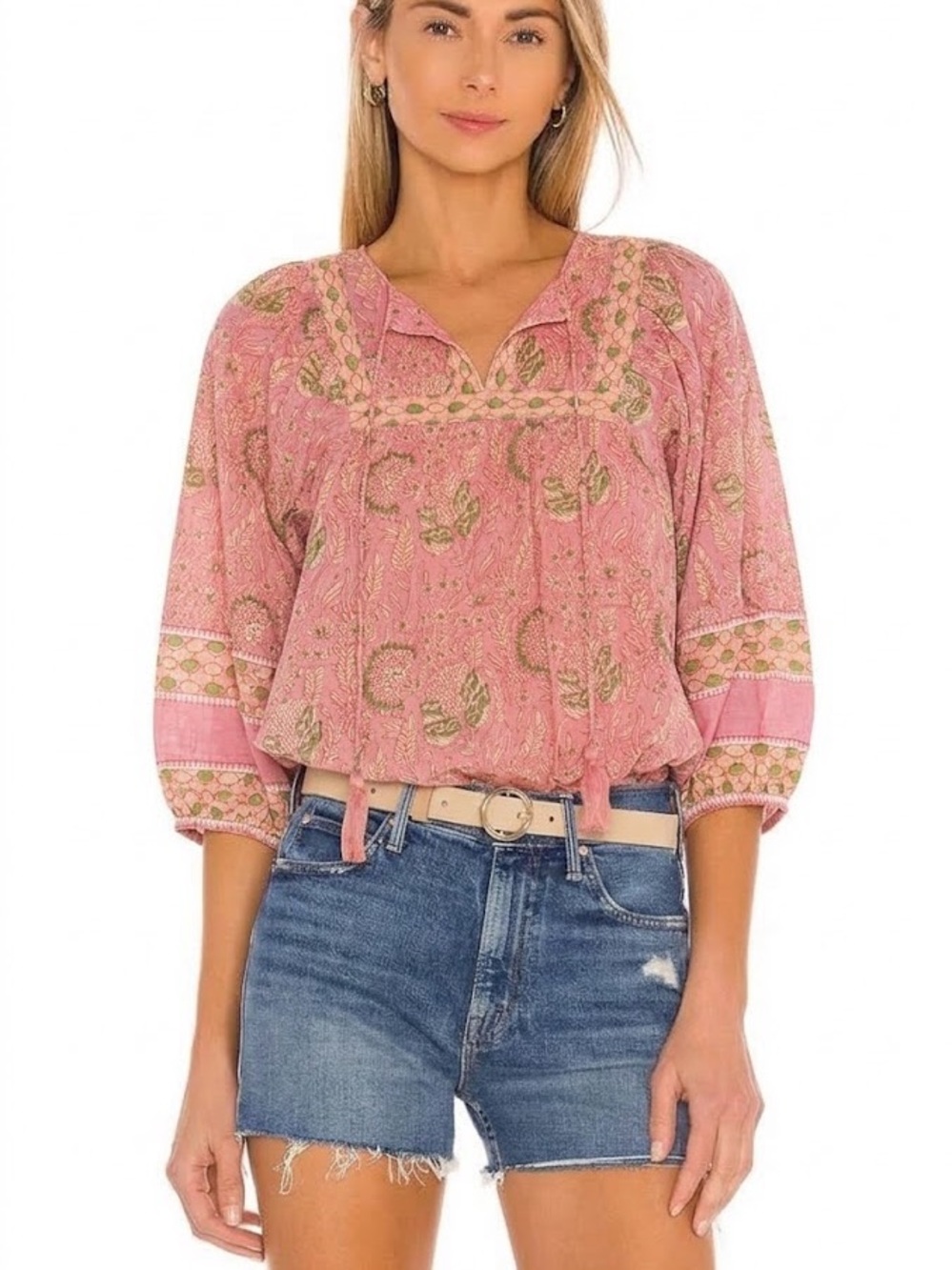 Cleobella Amaryllis Boho Popover Peasant Blouse pink/ green Floral Print Medium